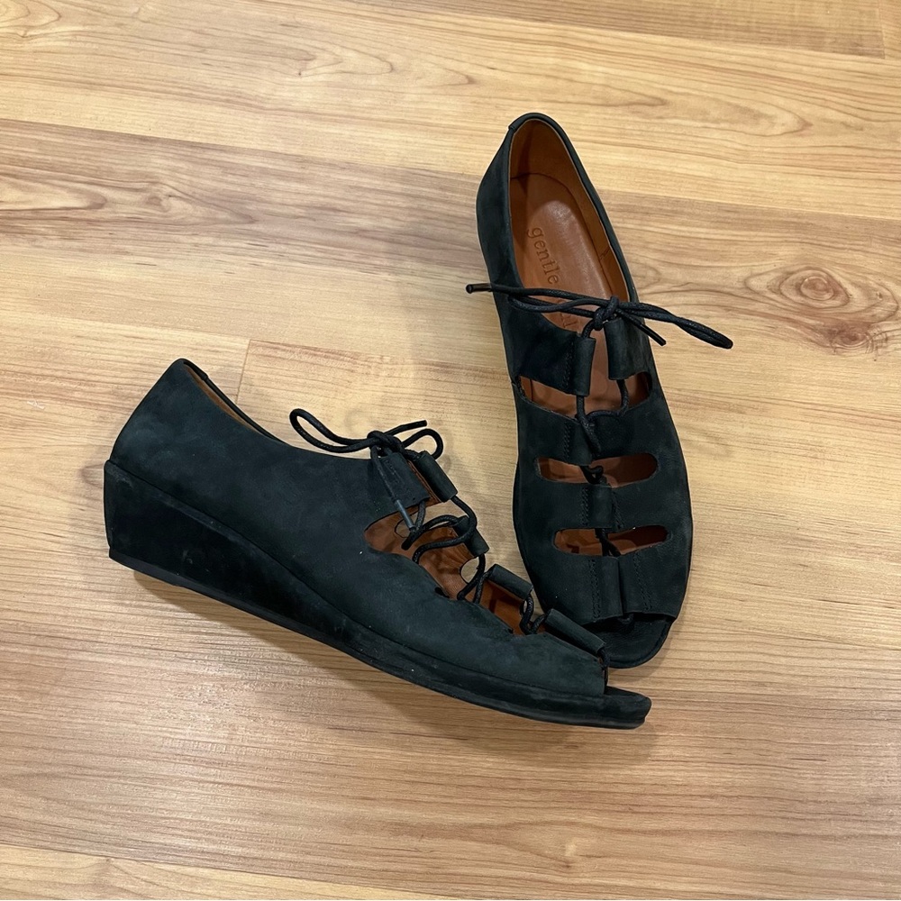 {gentle souls} black lace up leather wedge size 9